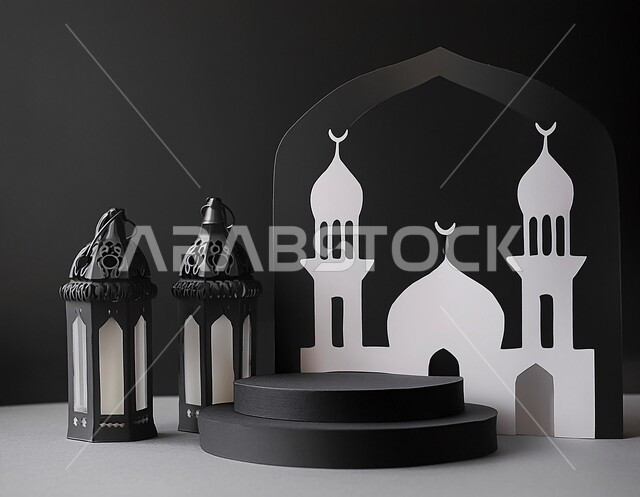 Modern style contemporary decorations for building mosques, 3D model of a mosque in black, Islamic spiritual atmosphere, Islamic holy sites, destination of Muslims to perform prayers, worship and draw closer to God Almighty, black background