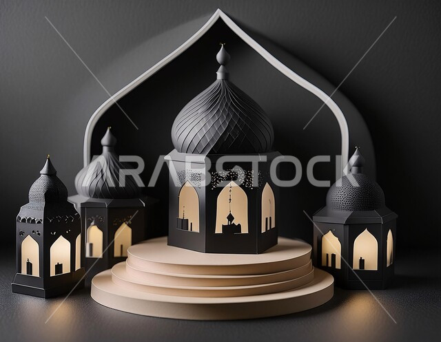  الديكورات العصرية على الطراز الحديث لبناء المساجد, مجسم ثلاثي الابعاد لجامع باللون الأسود, أجواء روحانية إسلامية, المعالم الإسلامية المقدسة، مقصد المسلمين لأداء الصلوات، العبادة والتقرب الى الله تعالى, خلفية سوداء