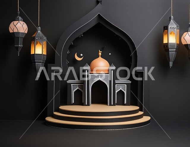 الديكورات العصرية على الطراز الحديث لبناء المساجد, مجسم ثلاثي الابعاد لجامع باللون الأسود, أجواء روحانية إسلامية, المعالم الإسلامية المقدسة، مقصد المسلمين لأداء الصلوات، العبادة والتقرب الى الله تعالى, خلفية سوداء