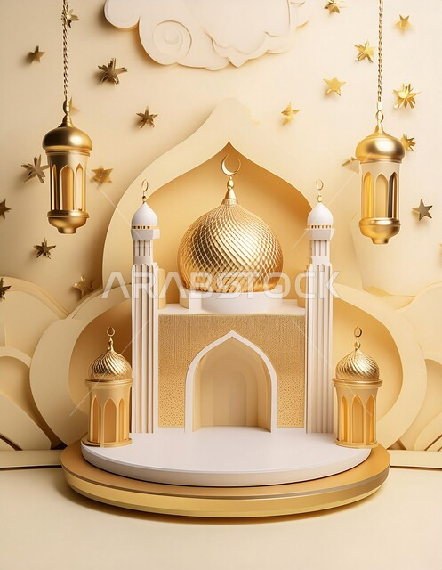  اماكن مقدسة للطاعة والتقرب الى الله، خلفيات اسلاميه ثري دي، زينة الاعياد والمناسبات الدينية، اسلاميات و عباده، مجسم ثلاثي الابعاد لمسجد ذهبي بتصاميم هندسية معمارية فاخرة، خلفية بيج