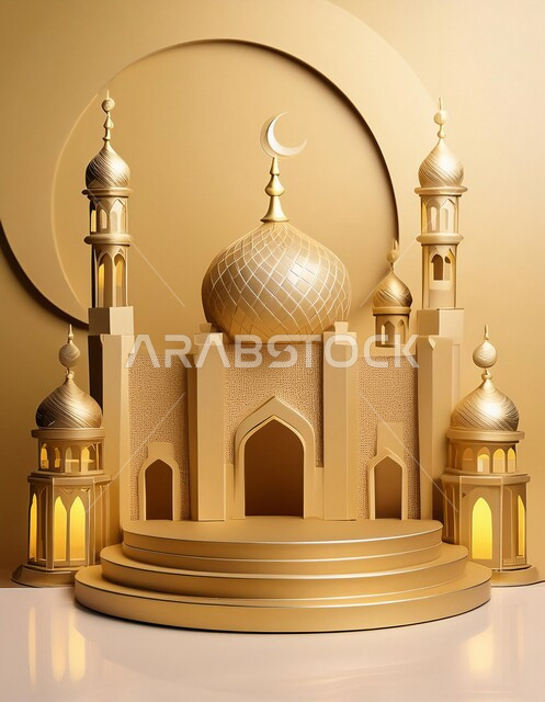  اماكن مقدسة للطاعة والتقرب الى الله، خلفيات اسلاميه ثري دي، زينة الاعياد والمناسبات الدينية، اسلاميات و عباده، مجسم ثلاثي الابعاد لمسجد ذهبي بتصاميم هندسية معمارية فاخرة، خلفية بيج