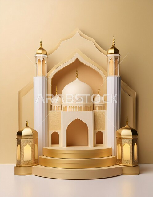  اماكن مقدسة للطاعة والتقرب الى الله، خلفيات اسلاميه ثري دي، زينة الاعياد والمناسبات الدينية، اسلاميات و عباده، مجسم ثلاثي الابعاد لمسجد ذهبي بتصاميم هندسية معمارية فاخرة، خلفية بيج
