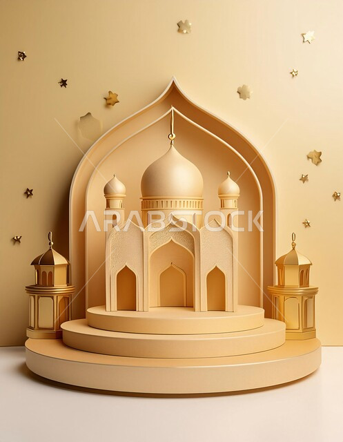  اماكن مقدسة للطاعة والتقرب الى الله، خلفيات اسلاميه ثري دي، زينة الاعياد والمناسبات الدينية، اسلاميات و عباده، مجسم ثلاثي الابعاد لمسجد ذهبي بتصاميم هندسية معمارية فاخرة، خلفية بيج