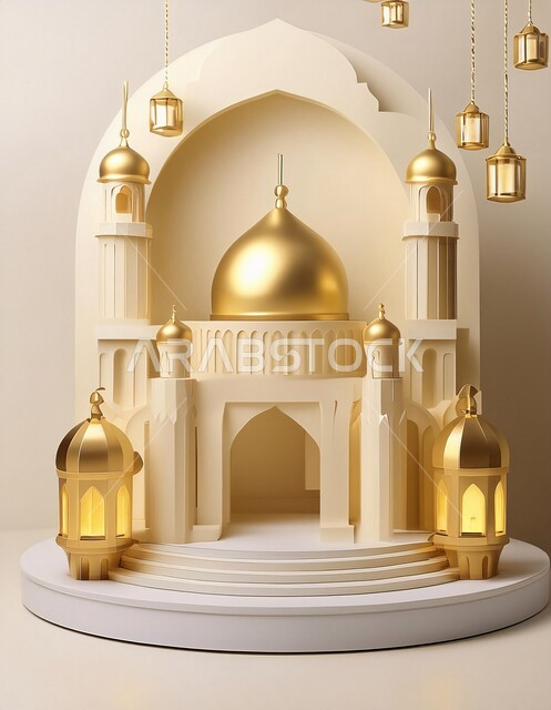 Holy places for obedience and drawing closer to God, 3D Islamic wallpapers, decorations for religious holidays and occasions, Islamic and worship, 3D model of a golden mosque with luxurious architectural designs, beige background