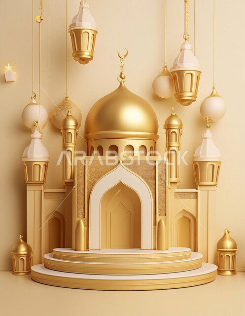 خلفيات اسلاميه ثري دي، زينة الاعياد والمناسبات الدينية، اماكن مقدسة للطاعة والتقرب الى الله، اسلاميات و عباده، مجسم ثلاثي الابعاد لمسجد ذهبي بتصاميم هندسية معمارية فاخرة، خلفية بيج