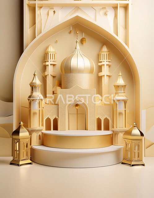 خلفيات اسلاميه ثري دي، زينة الاعياد والمناسبات الدينية، اماكن مقدسة للطاعة والتقرب الى الله، اسلاميات و عباده، مجسم ثلاثي الابعاد لمسجد ذهبي بتصاميم هندسية معمارية فاخرة، خلفية بيج