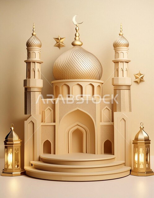خلفيات اسلاميه ثري دي، زينة الاعياد والمناسبات الدينية، اماكن مقدسة للطاعة والتقرب الى الله، اسلاميات و عباده، مجسم ثلاثي الابعاد لمسجد ذهبي بتصاميم هندسية معمارية فاخرة، خلفية بيج