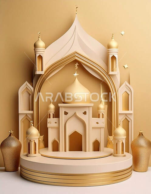 خلفيات اسلاميه ثري دي، زينة الاعياد والمناسبات الدينية، اماكن مقدسة للطاعة والتقرب الى الله، اسلاميات و عباده، مجسم ثلاثي الابعاد لمسجد ذهبي بتصاميم هندسية معمارية فاخرة، خلفية بيج
