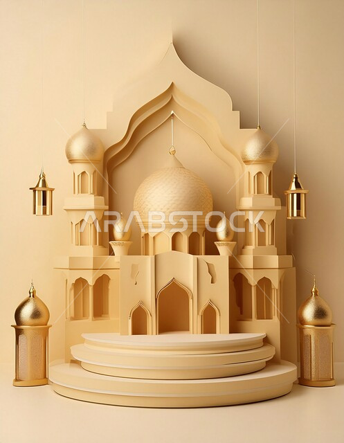 خلفيات اسلاميه ثري دي، زينة الاعياد والمناسبات الدينية، اماكن مقدسة للطاعة والتقرب الى الله، اسلاميات و عباده، مجسم ثلاثي الابعاد لمسجد ذهبي بتصاميم هندسية معمارية فاخرة، خلفية بيج