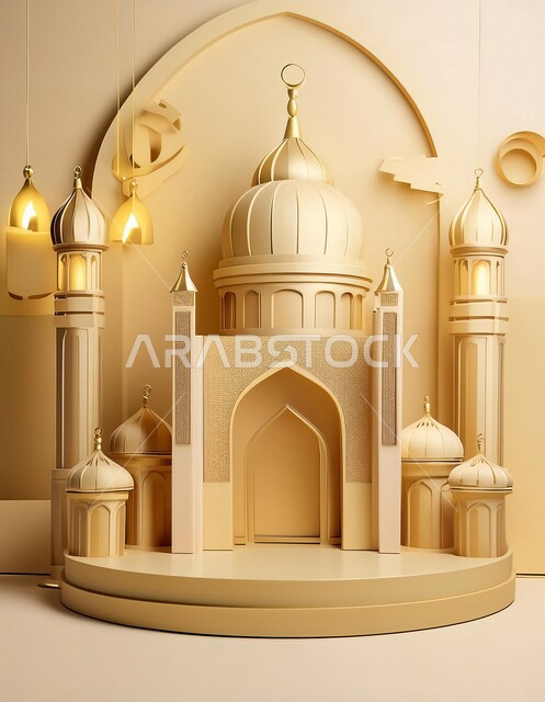 مجسم ثلاثي الابعاد لمسجد ذهبي بتصاميم هندسية معمارية فاخرة، خلفيات اسلاميه ثري دي، زينة الاعياد والمناسبات الدينية، اماكن مقدسة للطاعة والتقرب الى الله، اسلاميات و عباده, خلفية بيج