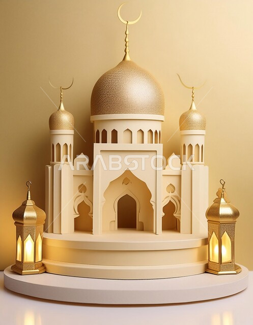 مجسم ثلاثي الابعاد لمسجد ذهبي بتصاميم هندسية معمارية فاخرة، خلفيات اسلاميه ثري دي، زينة الاعياد والمناسبات الدينية، اماكن مقدسة للطاعة والتقرب الى الله، اسلاميات و عباده, خلفية بيج
