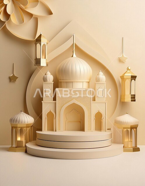 مجسم ثلاثي الابعاد لمسجد ذهبي بتصاميم هندسية معمارية فاخرة، خلفيات اسلاميه ثري دي، زينة الاعياد والمناسبات الدينية، اماكن مقدسة للطاعة والتقرب الى الله، اسلاميات و عباده, خلفية بيج