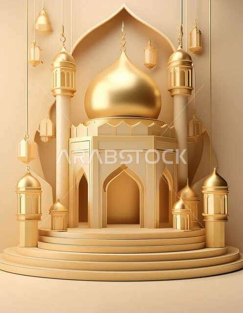 مجسم ثلاثي الابعاد لمسجد ذهبي بتصاميم هندسية معمارية فاخرة، خلفيات اسلاميه ثري دي، زينة الاعياد والمناسبات الدينية، اماكن مقدسة للطاعة والتقرب الى الله، اسلاميات و عباده, خلفية بيج