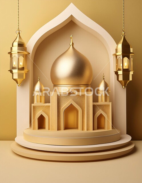 مجسم ثلاثي الابعاد لمسجد ذهبي بتصاميم هندسية معمارية فاخرة، خلفيات اسلاميه ثري دي، زينة الاعياد والمناسبات الدينية، اماكن مقدسة للطاعة والتقرب الى الله، اسلاميات و عباده, خلفية بيج