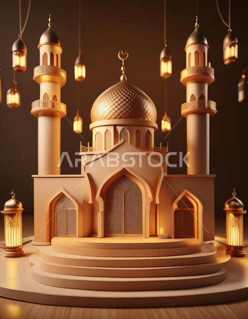 مجسم ثلاثي الابعاد لمسجد ذهبي بتصاميم هندسية معمارية فاخرة، خلفيات اسلاميه ثري دي، زينة الاعياد والمناسبات الدينية، اماكن مقدسة للطاعة والتقرب الى الله، اسلاميات و عباده, خلفية بيج