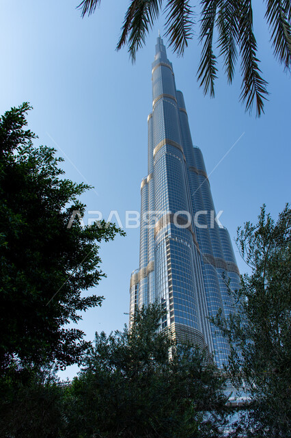 الفن الهندسي المعماري للأبراج وناطحات السحاب، صورة من زاوية منخفضة لبرج خليفة الشهير في مدينة دبي وقت النهار، المعالم والأماكن السياحية المشهورة في الامارات العربية المتحدة، الاهتمام بالأشجار والنباتات الطبيعية الخضراء
