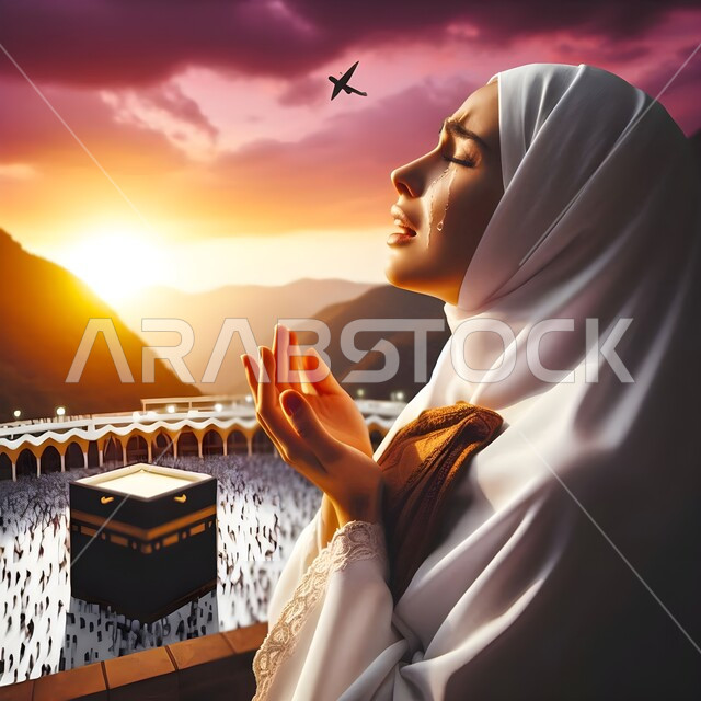 ايماءات البكاء و الخشوع ,أداء مناسك الحج و العمرة, مفهوم العبادة و التقرب الى الله تعالى, معالم و أماكن اسلامية دينية مقدسة, صورة مقربة لامراه عربيه خليجية سعودية محجبة ترتدي ثوب الصلاة ترفع يديها عاليا بتعابير الدعاء, خلفية الكعبة المشرفة في مكة المكرمة