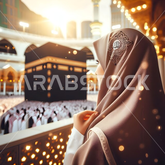 أداء مناسك الحج و العمرة, مفهوم العبادة و التقرب الى الله تعالى, معالم و أماكن اسلامية دينية مقدسة, صورة مقربة من الخلف لامراه عربيه خليجية سعودية مبتسمة ترتدي الحجاب المزخرف تنظر الى  الكعبة المشرفة في مكة المكرمة