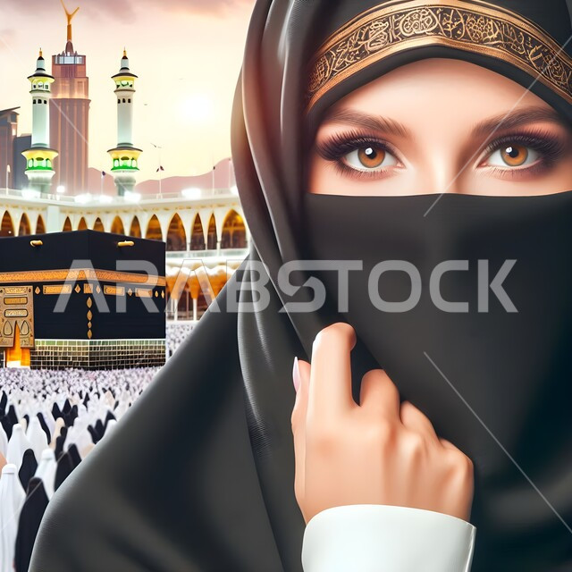 معالم و أماكن اسلامية دينية مقدسة, أداء مناسك الحج و العمرة, مفهوم العبادة و التقرب الى الله تعالى, صورة مقربة لامراه عربيه خليجية سعودية مبتسمة محجبة ترتدي البرقع تنظر الى الكاميرا بتعابير الثقة بالنفس, خلفية الكعبة المشرفة في مكة المكرمة