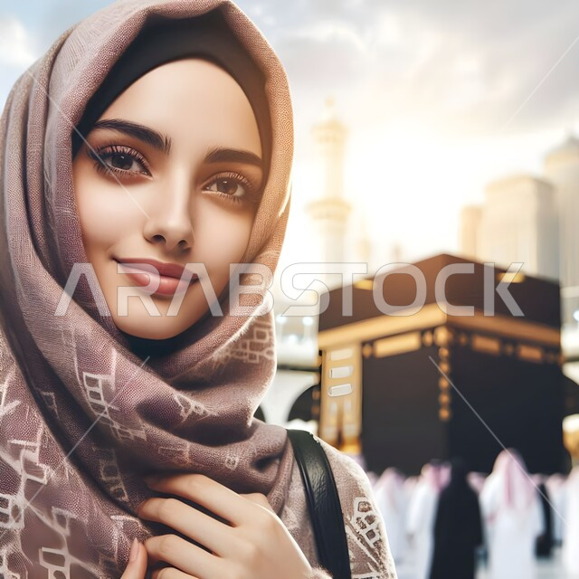 أماكن و معالم اسلامية دينية مقدسة, مفهوم العبادة و التقرب الى الله تعالى, صورة مقربة لامراه عربيه خليجية سعودية مبتسمة محجبة تنظر الى الكاميرا بتعابير السرور, أداء مناسك الحج و العمرة, خلفية الكعبة المشرفة في مكة المكرمة