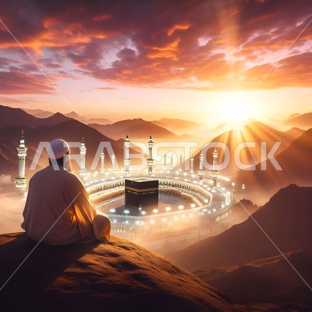 العبادة والتقرب إلى الله تعالى, الجلوس في عرفة وقت غروب الشمس, المشاعر الإسلامية العظيمة، أداء مناسك الحج والعمرة في المملكة العربية السعودية، معالم واماكن دينية مشهورة, صورة من الخلف لرجل يجلس على جبل الرحمة في مكة المكرمة