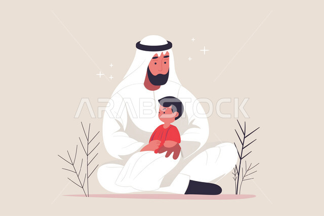 الأسرة السعيدة والمترابطة، ايماءات الحب والحنان، قضاء أوقات ممتعة مع الاطفال، مفهوم الأبوة والطفولة، رسوم توضيحية لاب عربي خليجي اماراتي يحمل طفله الصغير، خلفية بيج
