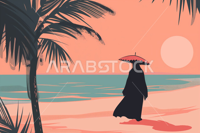الاستمتاع بالاجواء الصيف، رسوم توضيحية لامرأة عربية خليجية سعودية محجبة ترتدي عباءة سوداء تحمل بيدها المظلة تقف على شاطئ البحر في وقت غروب الشمس، الرحلات الى المناطق الساحلية، الاهتمام بزراعة اشجار النخيل في الأماكن السياحية