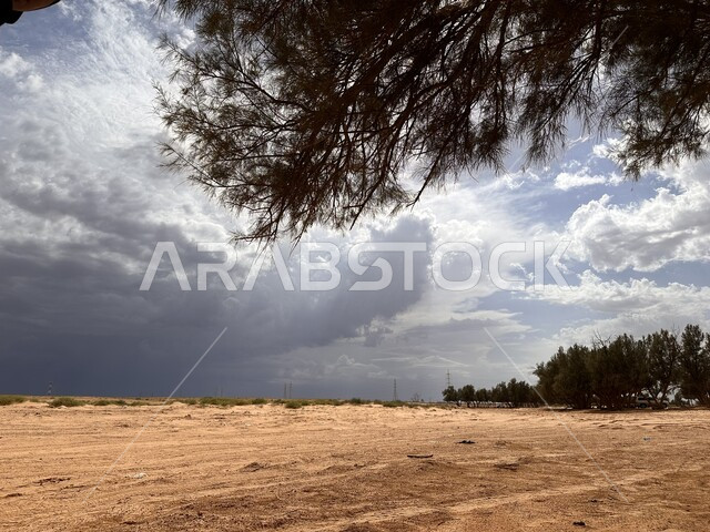 المناطق الصحراوية في السعودية، المناخ الصحراوي الجاف والقاسي، منظر السماء الملبدة بالسحب والغيوم، التلال والكثبان الرملية الذهبية الناعمة، المناظر الطبيعية في الصحراء في المملكة , خلفية الطبيعه