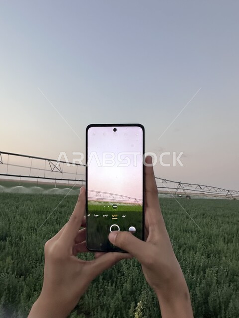 استخدام أذرع الري المحوري في تنمية البيئة والقطاع الزراعي، زراعة الأشجار والنباتات الطبيعية، صورة مقربة ليدي امراة تحمل الهاتف المحمول تقوم بالتقاط الصور لإحدى المزارع الواسعة في السعودية، المحاصيل والأراضي الزراعية الخضراء، آلات ومعدات الري المستقبلي