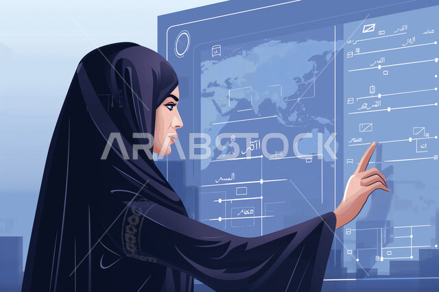 خريطة هولوجراميه للعالم، رسوم توضيحية لامراة عربية خليجية سعودية محجبة ترتدي عباءة سوداء ترفع اصبع الابهام بايماءات النقر على شاشة مضيئة ضخمة، تحقيق ثورة صناعية، رؤية سعودية 2030، النمو التكنولوجي والتطور الالكتروني