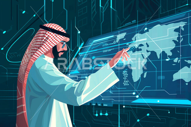 رؤية سعودية 2030، تحقيق ثورة صناعية، خريطة هولوجراميه للعالم، رسوم توضيحية لرجل عربي خليجي سعودي يرتدي الزي التقليدي يرفع اصبع الابهام بايماءات النقر على شاشة مضيئة ضخمة، النمو التكنولوجي والتطور الالكتروني