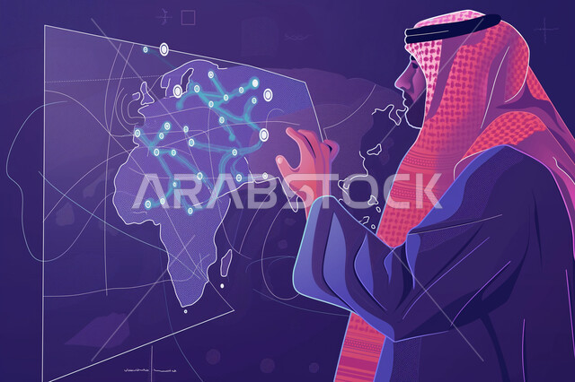 تحقيق ثورة صناعية، خريطة هولوجراميه للعالم، رسوم توضيحية لرجل عربي خليجي سعودي يرتدي الزي التقليدي يرفع اصبع الابهام بايماءات النقر على شاشة مضيئة ضخمة، رؤية سعودية 2030، النمو التكنولوجي والتطور الالكتروني