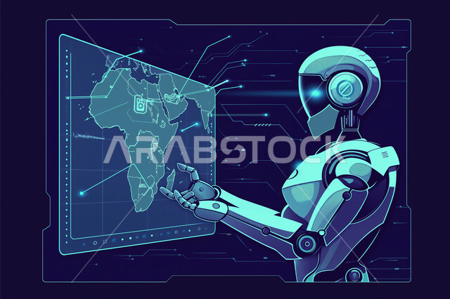 Saudi Vision 2030, achieving industrial revolution, holographic map of the world, illustrations of a robot raising its thumb with tap gestures on a huge illuminated screen, electronic growth and development, science, innovation and artificial intelligence technology