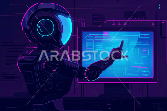 ايقونات هولوجراميه مختلفه، العلوم والابتكار وتكنولوجيا الذكاء الاصطناعي، النمو والتطور الالكتروني، رؤية سعودية 2030، تحقيق الثورة صناعية، رسوم توضيحية لروبوت يرفع اصبع الابهام بايماءات النقر على شاشة مضيئة ضخمة