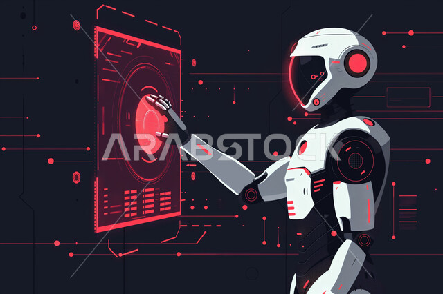 رسوم توضيحية لروبوت يرفع اصبع الابهام بايماءات النقر على شاشة مضيئة ضخمة، ايقونات هولوجراميه مختلفه، العلوم والابتكار وتكنولوجيا الذكاء الاصطناعي، النمو والتطور الالكتروني، رؤية سعودية 2030، تحقيق الثورة صناعية