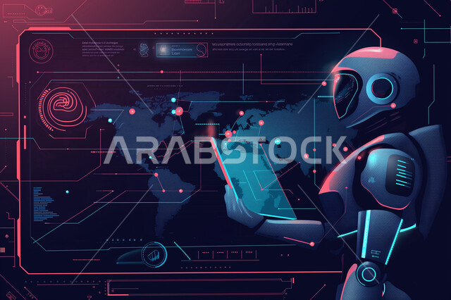 النمو والتطور الالكتروني، رؤية سعودية 2030، تحقيق الثورة صناعية، خريطة هولوجراميه للعالم، رسوم توضيحية لروبوت يرفع اصبع الابهام بايماءات النقر على شاشة مضيئة ضخمة، العلوم والابتكار وتكنولوجيا الذكاء الاصطناعي