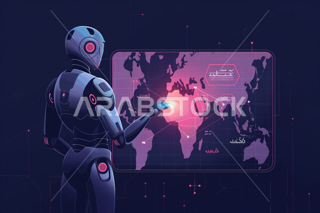 Science, Innovation and Artificial Intelligence Technology, Electronic Growth and Development, Saudi Vision 2030, Achieving Industrial Revolution, Holographic Map of the World, Illustrations of a Robot Raising Thumb with Clicking Gestures on a Huge Illuminated Screen