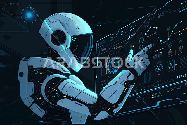 ايقونات هولوجراميه مختلفه، العلوم والابتكار وتكنولوجيا الذكاء الاصطناعي، النمو والتطور الالكتروني، رؤية سعودية 2030، تحقيق الثورة صناعية، رسوم توضيحية لروبوت يرفع اصبع الابهام بايماءات النقر على شاشة مضيئة ضخمة