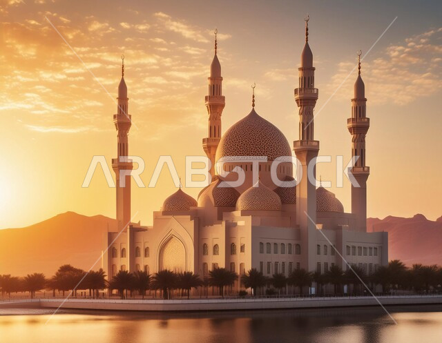 رسم توضيحي لتصميم مسجد اسلامي باللون الأبيض في الأماكن الطبيعية، الفن الهندسي المعماري على الطراز العربي العريق، اماكن للعبادة والطاعه والتقرب الى الله، المآذن والقبب المزخرفة، ديكورات وتصاميم اسلامية ثري دي، خلفية الطبيعة