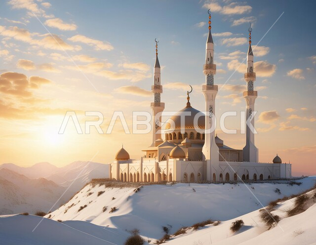 ديكورات وتصاميم اسلامية ثري دي، رسم توضيحي لتصميم مسجد اسلامي باللون الأبيض في الأماكن الطبيعية، الفن الهندسي المعماري على الطراز العربي العريق، اماكن للعبادة والطاعه والتقرب الى الله، المآذن والقبب المزخرفة، خلفية الطبيعة