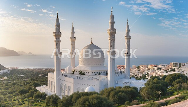 ديكورات وتصاميم اسلامية ثري دي، رسم توضيحي لتصميم مسجد اسلامي باللون الأبيض في الأماكن الطبيعية، الفن الهندسي المعماري على الطراز العربي العريق، اماكن للعبادة والطاعه والتقرب الى الله، المآذن والقبب المزخرفة، خلفية الطبيعة