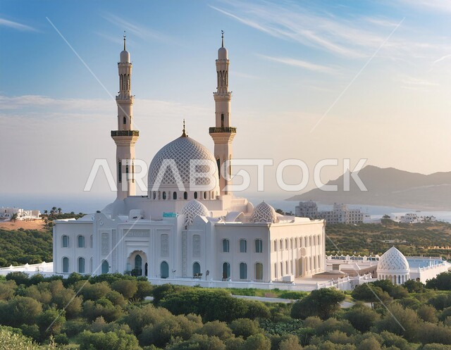 المآذن والقبب المزخرفة، ديكورات وتصاميم اسلامية ثري دي، رسم توضيحي لتصميم مسجد اسلامي باللون الأبيض في الأماكن الطبيعية، الفن الهندسي المعماري على الطراز العربي العريق، اماكن للعبادة والطاعه والتقرب الى الله، خلفية الطبيعة