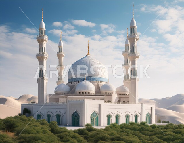 المآذن والقبب المزخرفة، ديكورات وتصاميم اسلامية ثري دي، رسم توضيحي لتصميم مسجد اسلامي باللون الأبيض في الأماكن الطبيعية، الفن الهندسي المعماري على الطراز العربي العريق، اماكن للعبادة والطاعه والتقرب الى الله، خلفية الطبيعة