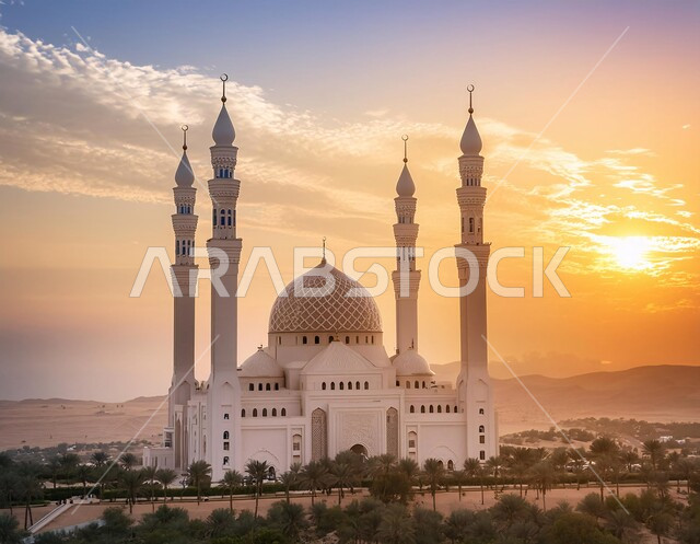 المآذن والقبب المزخرفة، ديكورات وتصاميم اسلامية ثري دي، رسم توضيحي لتصميم مسجد اسلامي باللون الأبيض في الأماكن الطبيعية، الفن الهندسي المعماري على الطراز العربي العريق، اماكن للعبادة والطاعه والتقرب الى الله، خلفية الطبيعة