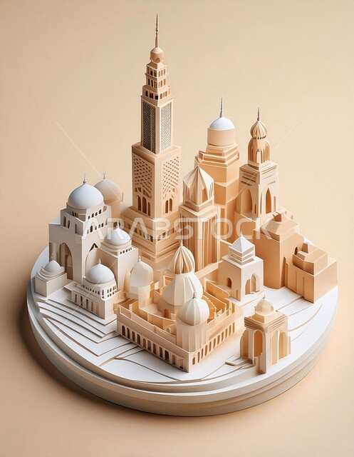 اماكن للعبادة والطاعه والتقرب الى الله، الفن الهندسي المعماري على الطراز العربي العريق، المآذن والقبب المزخرفة، مجسم لتصميم مسجد اسلامي باللون الأبيض، ديكورات وتصاميم اسلامية ثري دي، خلفية بيج