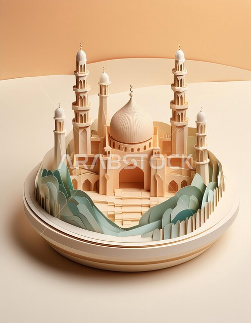 اماكن للعبادة والطاعه والتقرب الى الله، الفن الهندسي المعماري على الطراز العربي العريق، المآذن والقبب المزخرفة، مجسم لتصميم مسجد اسلامي باللون الأبيض، ديكورات وتصاميم اسلامية ثري دي، خلفية بيج