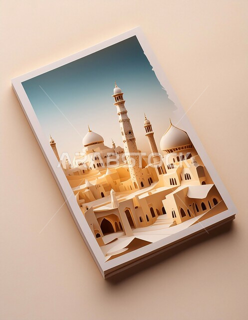 اماكن للعبادة والطاعه والتقرب الى الله، الفن الهندسي المعماري على الطراز العربي العريق، المآذن والقبب المزخرفة، مجسم لتصميم مسجد اسلامي باللون الأبيض، ديكورات وتصاميم اسلامية ثري دي، خلفية بيج
