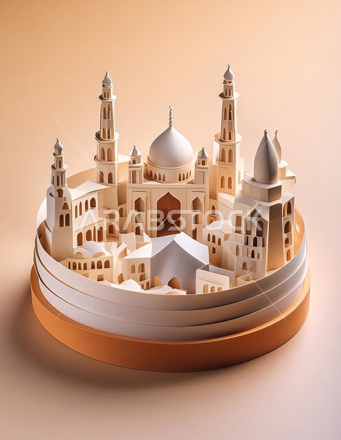 الفن الهندسي المعماري على الطراز العربي العريق، اماكن للعبادة والطاعه والتقرب الى الله، المآذن والقبب المزخرفة، مجسم لتصميم مسجد اسلامي باللون الأبيض، ديكورات وتصاميم اسلامية ثري دي، خلفية بيج