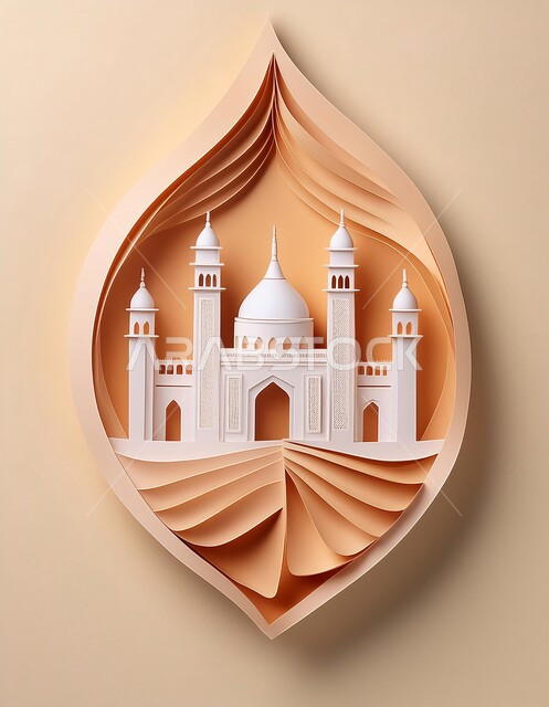 الفن الهندسي المعماري على الطراز العربي العريق، اماكن للعبادة والطاعه والتقرب الى الله، المآذن والقبب المزخرفة، مجسم لتصميم مسجد اسلامي باللون الأبيض، ديكورات وتصاميم اسلامية ثري دي، خلفية بيج