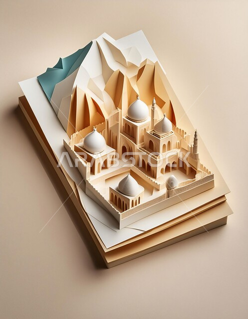 مجسم لتصميم مسجد اسلامي باللون الأبيض، الفن الهندسي المعماري على الطراز العربي العريق، اماكن للعبادة والطاعه والتقرب الى الله، المآذن والقبب المزخرفة، ديكورات وتصاميم اسلامية ثري دي، خلفية بيج